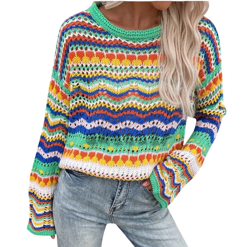 Boho Crochet Open Knit Chevron Sweater, Multicolor, Women's Plus Size 2XL